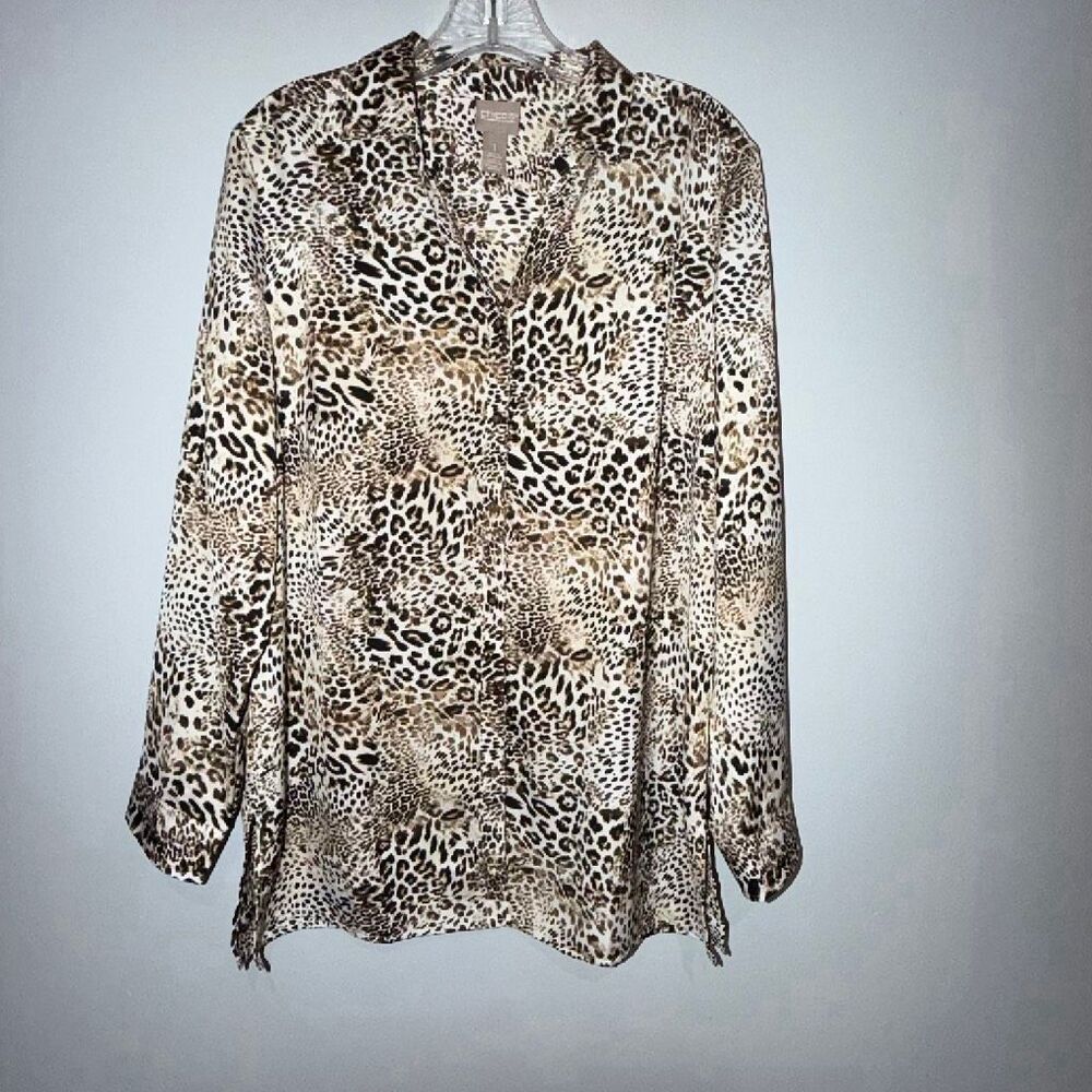 Chico’s Size 1/US M Leopard Animal Print Button Front Long Sleeve Tunic Blouse #